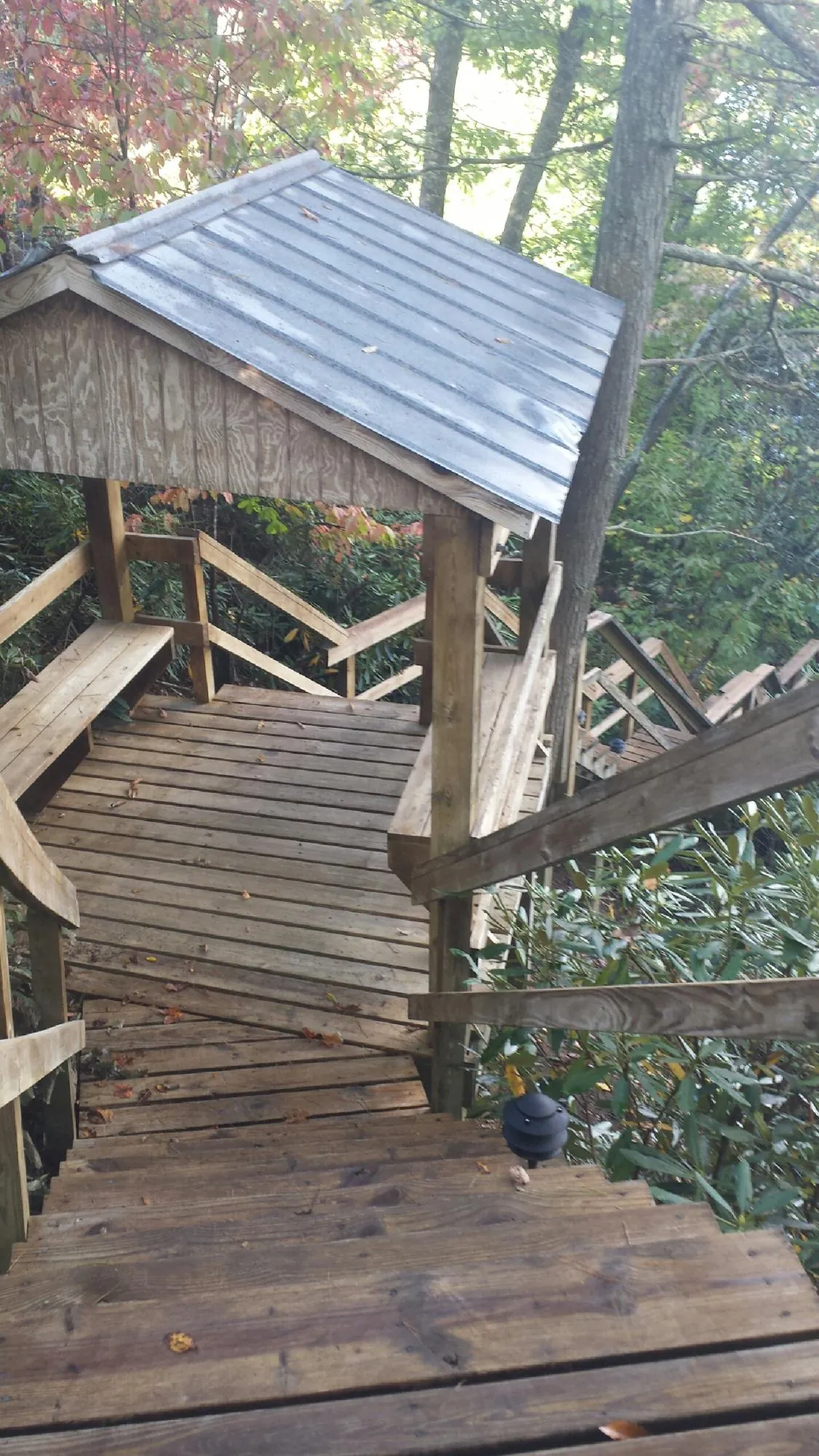 Metal roofed shelter over wooden steps on a wooded walkway — Skylight Repair & Installation work by our crew in Plainwell